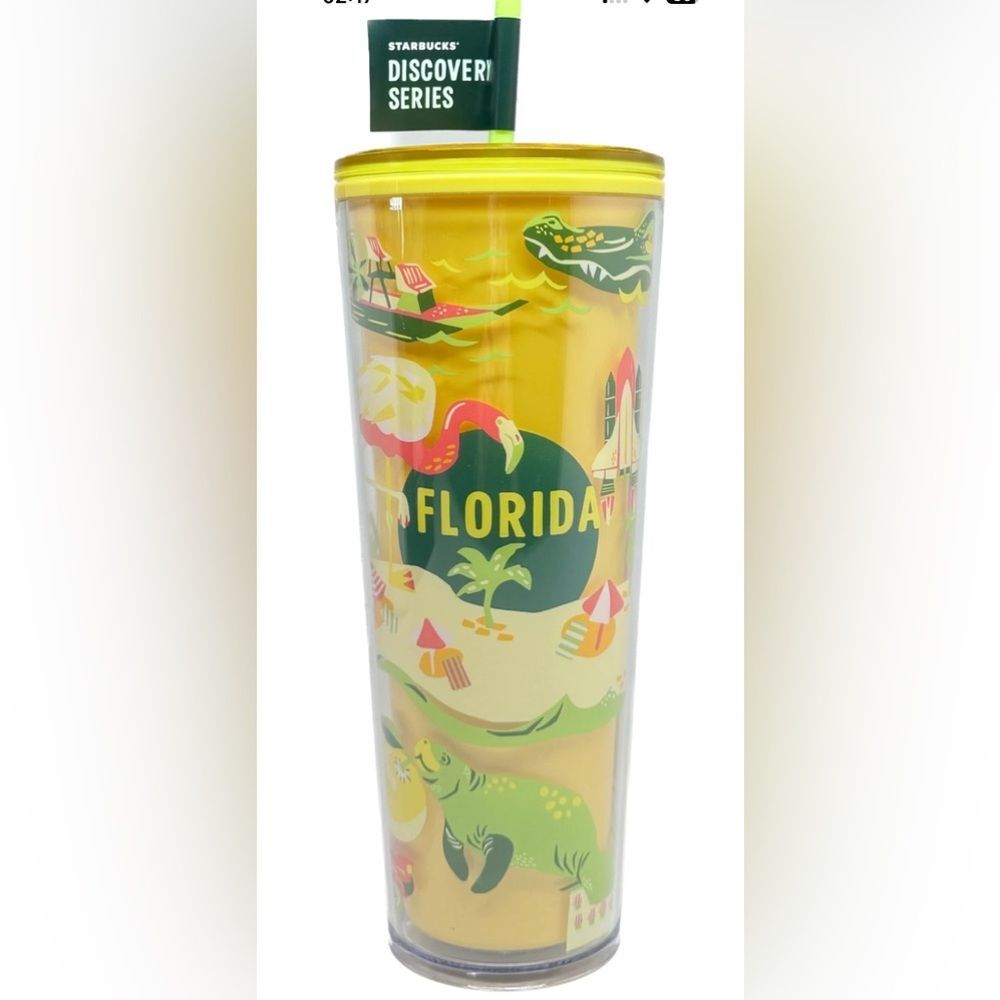 Starbucks Florida Discovery 24oz Cold Cup Travel Tumbler With Yellow Lid & Straw